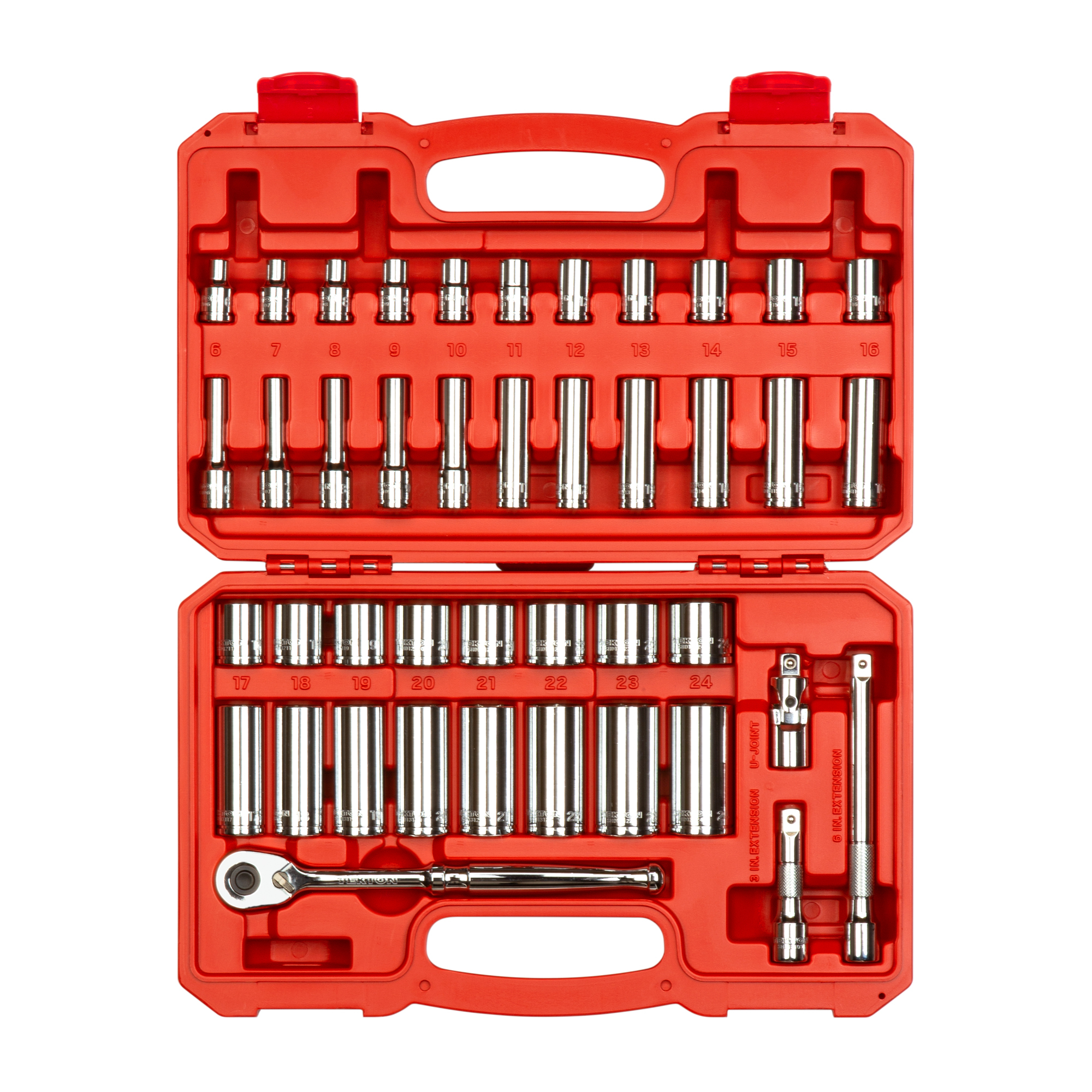 TEKTON 3/8 Inch Drive Shallow and Deep 6-Point Socket and Ratchet Set with Case, 42-Piece (6 - 24 mm) | SKT15201